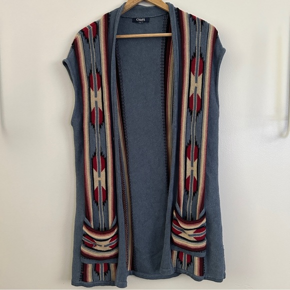 Women’s Chaps Blue Sleeveless Cardigan with Southwestern Pattern Large - Picture 1 of 4